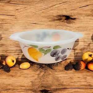 Anchor Hocking Fire King Gay Fad Small milkglass bowl, fruits pattern #445